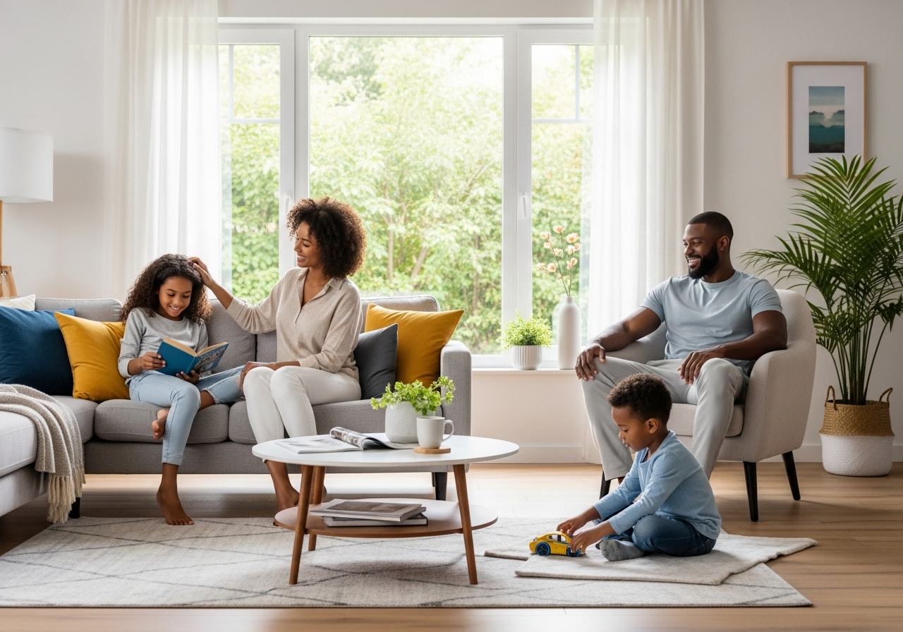 family relaxing clean home interior